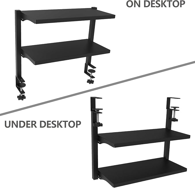 Clamp On Desk Shelf, Above or Under Office Desktop Shelves,Desk Attachment Shelf,Clip On Table Extension, Desk Extender Organizer Shelving for Gaming Organization Accessories