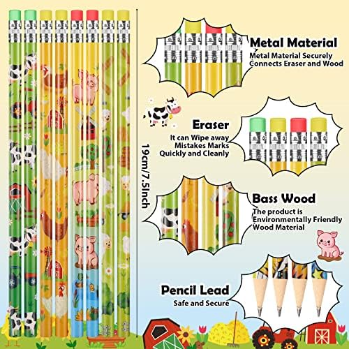 Fainne 72 Pieces Assorted Pencils for students with Eraser, Farm Animal Cute Sheep Pig Novelty Fun Wooden Pencils for Students Reward Prize Classroom Party Favors