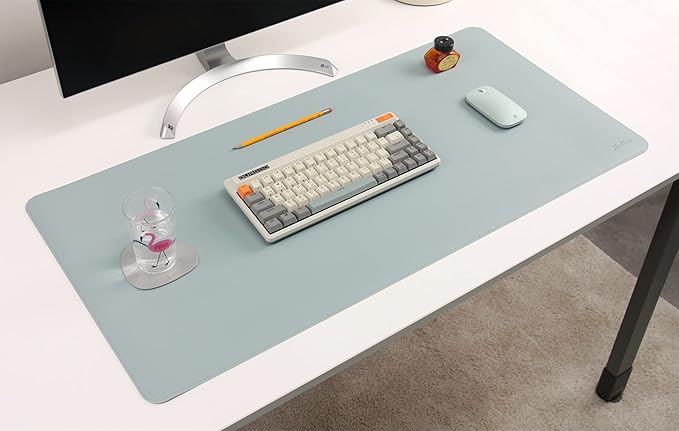 DeskPaw Dual-Sided Leather Desk Pad,Blotter for Laptop Computer,Mouse Pad,Writing,Drawing,Arts and Craft Mat (Blue/Silver, 17" x35”)