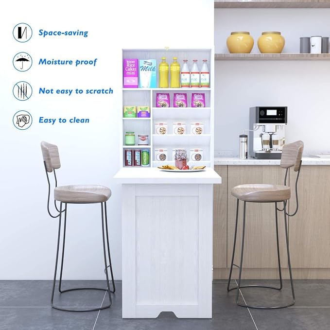 LDAILY LUARANE Wall Mounted Table, Foldable Multiple-Purpose Desk, Fold Out Wood Convertible Writing Desk Bookshelf Cabinet, Large Storage Space, Ideal for Home Office Study (White)