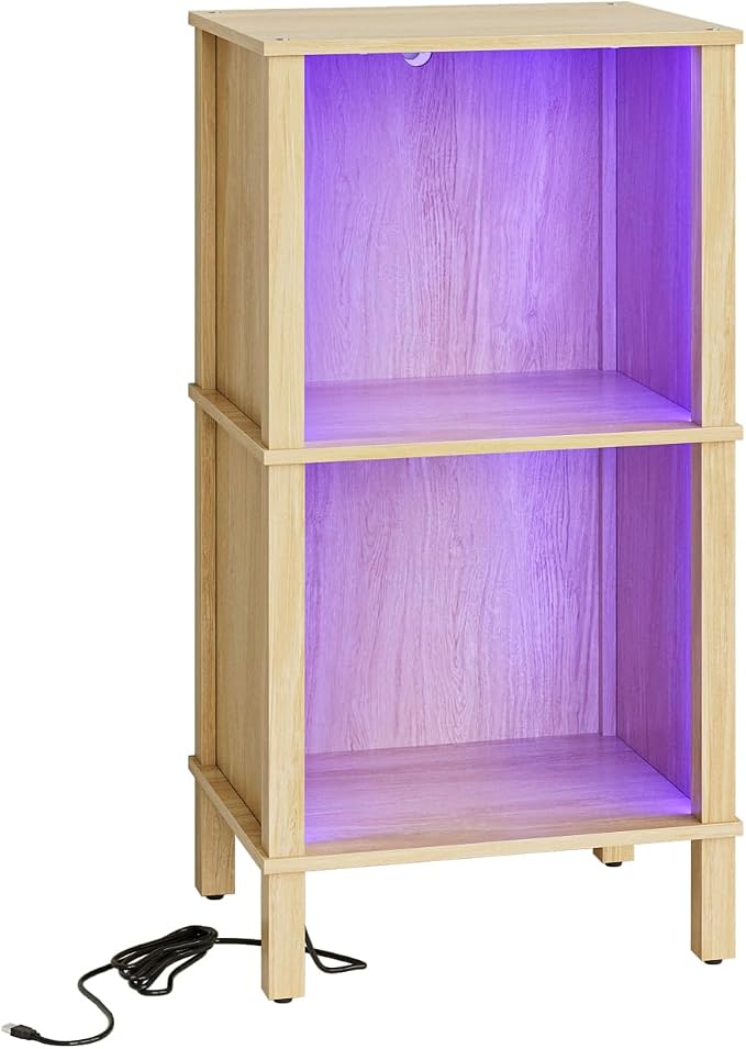 Bookshelf with LED Lights, Modern 2-Tier Bookcase, Open Storage Book Shelf, 11 × 14.2 × 27.4 Inches, Small Narrow Bookshelves for Living Room, Home Office, Bedroom, Natural