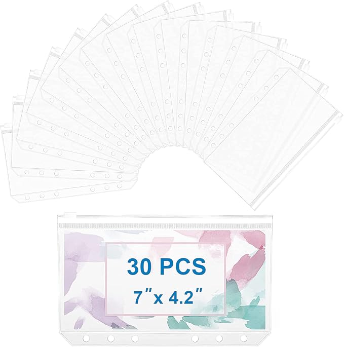 30pcs A6 Binder Pockets 6 Holes Zipper Folders Clear PVC Card Loose Leaf Bags Cash Envelopes for Budgeting Binder Waterproof Document Filing Bags for 6 Ring Notebook Planner Inserts