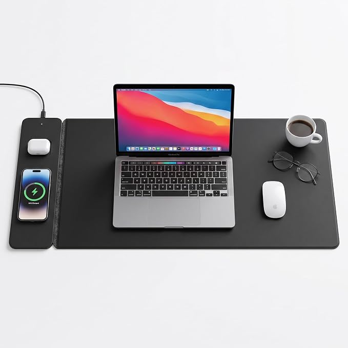 Wireless Charging Desk Mat, Detachable MagSafe & Qi Mouse Pad with Hidden Storage Pocket, 4-in-1 Charges iPhone, Android, AirPods & Wireless Earbuds, Vegan Leather, XL 30.7"x14.6", Black