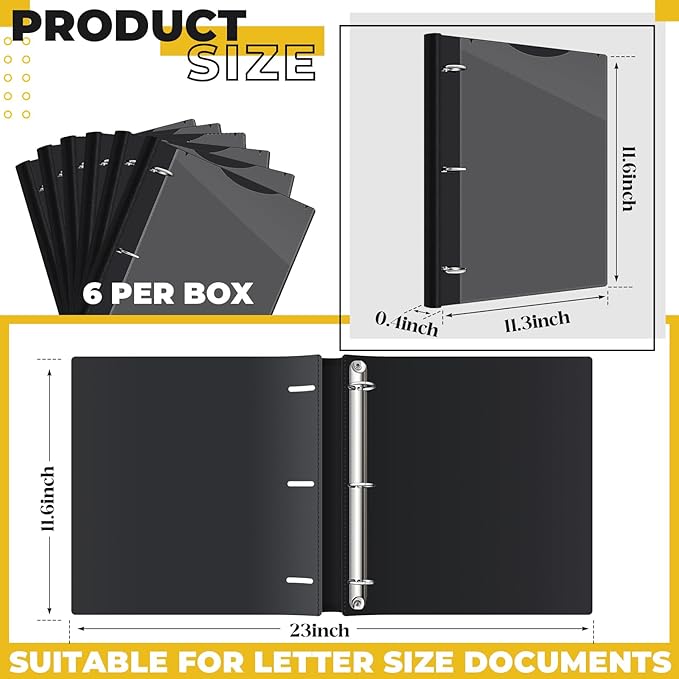 Henoyso 6 Pcs 1 Inch Telescoping 3 Ring Binder with Expandable Telescoping Spine 200 Sheets Capacity with Clear Front Cover 3 Round Rings Flexible Plastic Notebook Binder for School, Office(Black)