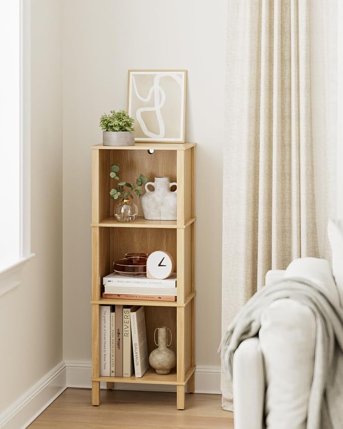 Bookshelf, Modern 3-Tier Bookcase, Open Storage Book Shelf, 11 × 14.2 × 38.9 Inches, Small Narrow Bookshelves for Living Room, Home Office, Bedroom, Natural