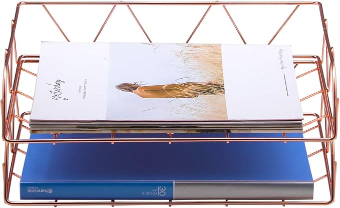 2 Packs Desktop File Organizer Metal Stackable Horizontal Letter Tray Paper Holder Rack, Rose Gold