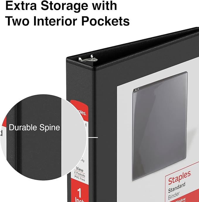 Staples Mini View Binder, 1" Round Ring, Black, 5.5" x 8.5" Compact 3‑Ring Binder for Notes, Planners & Small Documents