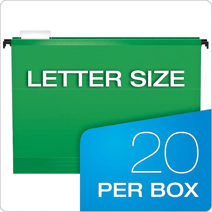 Pendaflex SureHook Reinforced Hanging Folders, Letter Size, Bright Green, 1/5 Cut, 20/BX (6152 1/5 BGR)