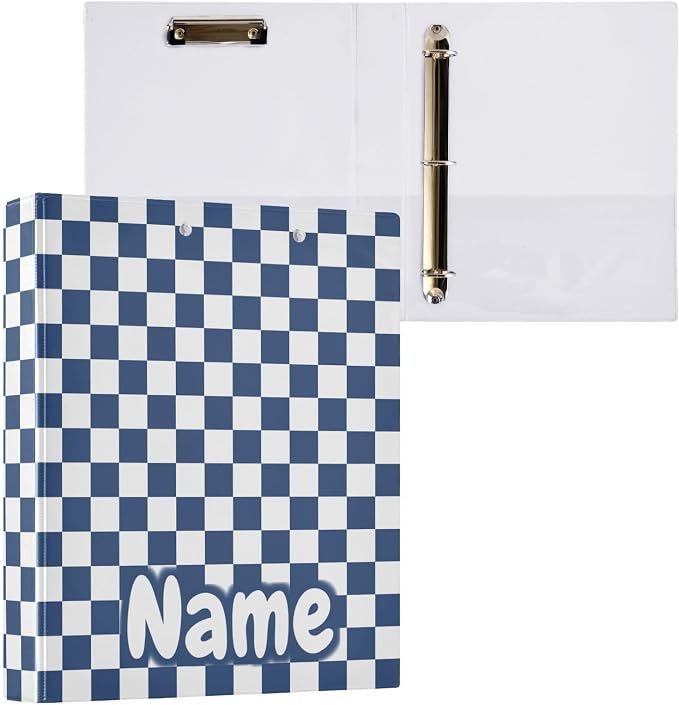 Custom 3 Ring Binder Blue White Checkered Plaid 1.5" Round Ring Binders Personalized Name View Binder with 200 Sheet for Kids School Supplies Women Men Office, 1 Pack