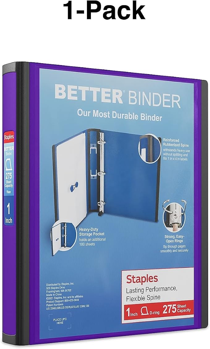 Staples Better Binder, 1-Inch D-Ring View, Purple, 275 Sheets | Reinforced spine for durable everyday use in office and school settings.
