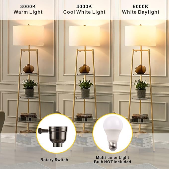 ROSEN GARDEN Floor Lamp, Standing Reading Light with Shelves and Fabric Shade, Modern Tall Pole Lamp, Accent Furniture Décor Lighting for Living Room, Bedrooms (Gold, 4-Tier)