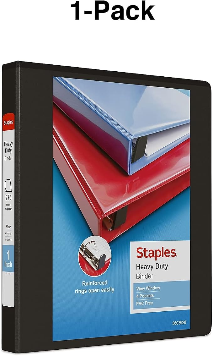 Staples Heavy-Duty 1-Inch D-Ring View Binder, Reinforced Spine, Holds Up to 275 Sheets, Black, for Office & School