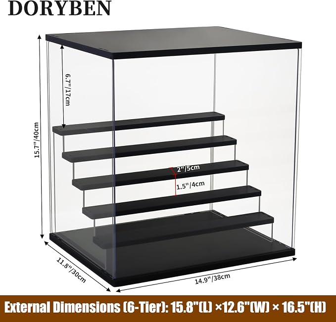 Acrylic Display Case with Adjustable LED Light, 6 Tier Clear Display Box Dustproof Showcase for Action Figures, Collectibles and Mini Toys, Assembly Display Cabinet(Black 15.5*12.5*16.7in)