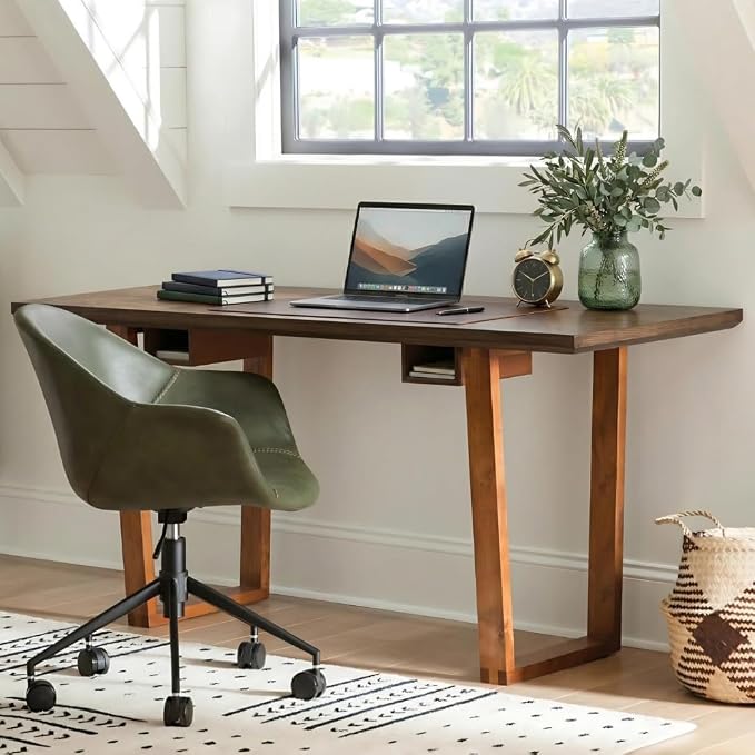 Hives & Honey Aiden Writing Desk, 64” Modern Wood Home Office Desk with Open Storage Compartments, Spacious Work Surface & Trapezoid Legs for Bedroom or Workspace, Oak