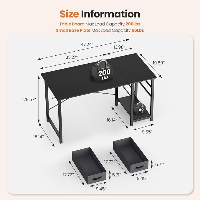Sweetcrispy 40-Inch Computer Desk with Drawers, Office Desk, Black | Small Desk for Bedroom Home Office with Side Hook, Modern Simple Desk with Storage for Writing