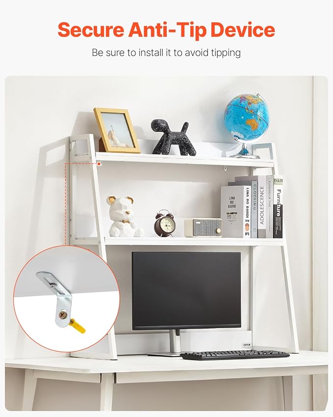 VEVOR Desktop Bookshelf, 2-Tier Desktop Storage Organizer, 37.4" x 12.6" x 35.4" Office Desk Storage Rack Display Shelf, Desktop Bookshelf Hutch with Anti-Slip Feet Pads for Office, Home & Dorm, White