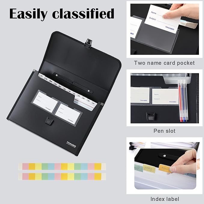 25 Pockets Letter Size/A4 Accordion File Organizer with Handle, TRANBO Expanding File Folder, Expandable Document Paper Organizer for Travel School Office - 1 Pack