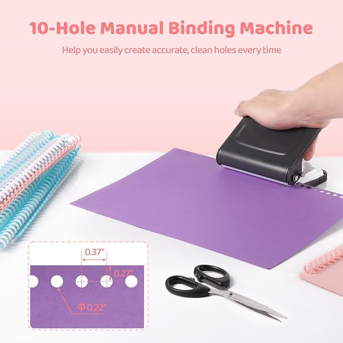 10-Hole Binding Machine Spiral Coil Binder, Spiral Binding Machine with 16 Multi-Color Binder Rings, 30 Holes on A4, 20 Holes on A5, 26 Holes on B5, 10 Sheets Capacity