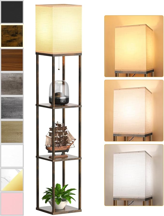 Floor Lamp with Shelves for Living Room Brown, Shelf Floor Lamp with 3 CCT LED Bulb, Corner Display Standing Column Lamp Etagere Organizer Tower Nightstand with White Linen Shade for Bedroom
