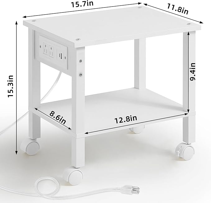YUFAM 2 Tier Under Desk Printer Stand with Charging Station, White | Wooden Small Printer Table for Home Office, Rolling Printer Cart Shelf with Lockable Wheels