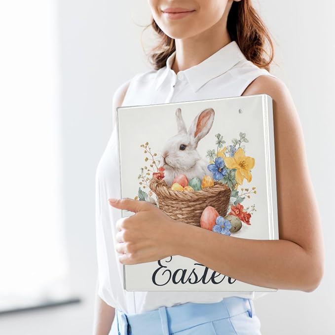 Watercolor Happy Easter Bunny Binder 3 Ring 1.5 Inch Binder with Clipboard&Pockets, Hardcover Binders Heavy Duty Large File Folder for Office School Supplies - Holds 200 Sheets, 2 PC