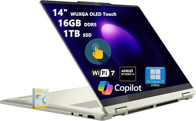 Lenovo Yoga 7 2-in-1 AI PC Laptop | 14" WUXGA OLED Touch (100% DCI-P3) | AMD Ryzen AI 5 340 (Up to 50 Tops) | 16GB DDR5 1TB SSD | for Creator Business Professional Win11Pro w/DLCA Accessory