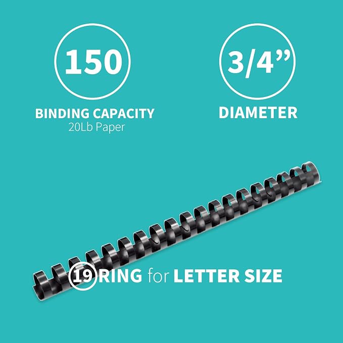 Binditek Plastic Binding Comb Spines, 3/4 Inch, 19 Ring, Black, 30 Pack | Plastic Binding Combs, 3/4 Inch Diameter, 150 Sheet Capacity, for Letter Size, for Students and Coworkers