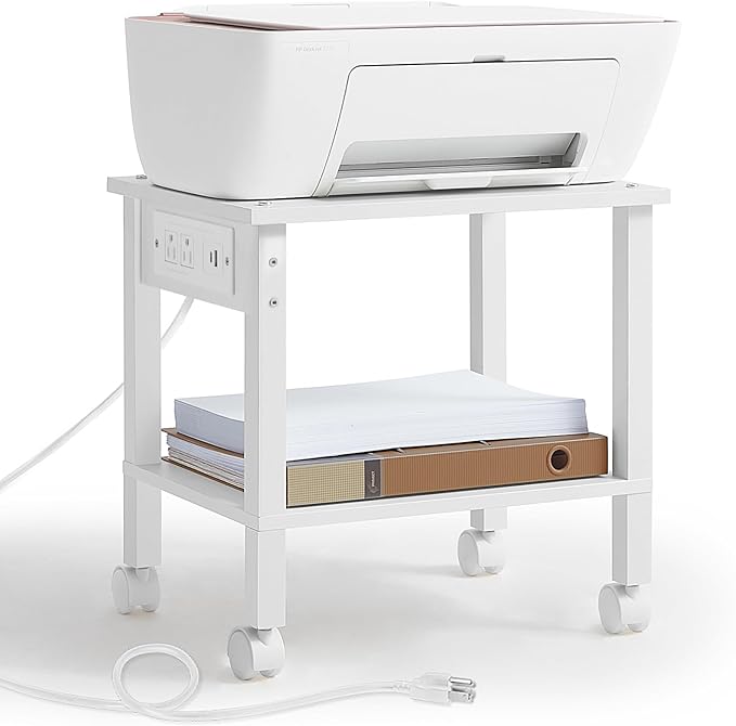 YUFAM 2 Tier Under Desk Printer Stand with Charging Station, White | Wooden Small Printer Table for Home Office, Rolling Printer Cart Shelf with Lockable Wheels
