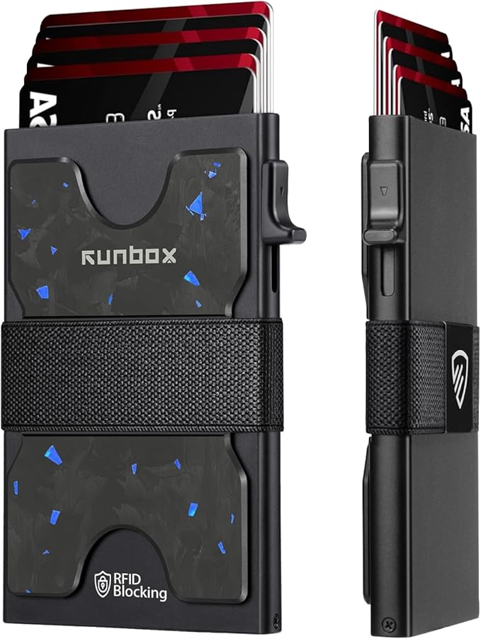 RUNBOX Slim Card Holder Wallet for Men, Minimalist RFID Blocking Wallet with Pop-Up Function, Ultra-Thin Design, Metal Business Card Cases holds 6+6 Cards, Gifts for Men, Men's Accessories