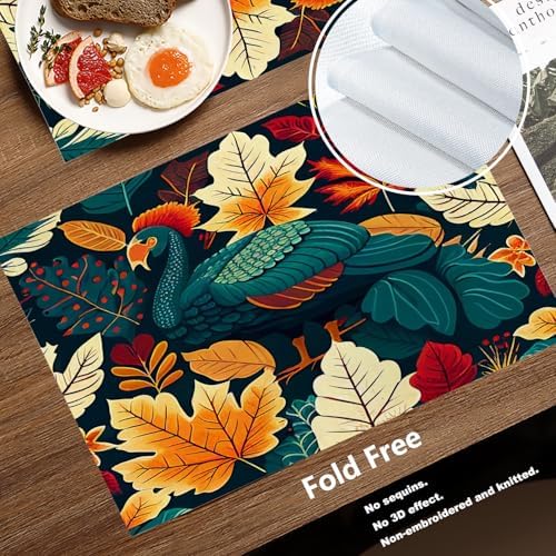 Batmerry Turquoise Thanksgiving Turkey Linen Placemats Set of 4, Autumn Berries Leaves Washable Table Mats for Kitchen Table Thickened Heat Insulation Dining Set Indoor Outdoor 12X18 in