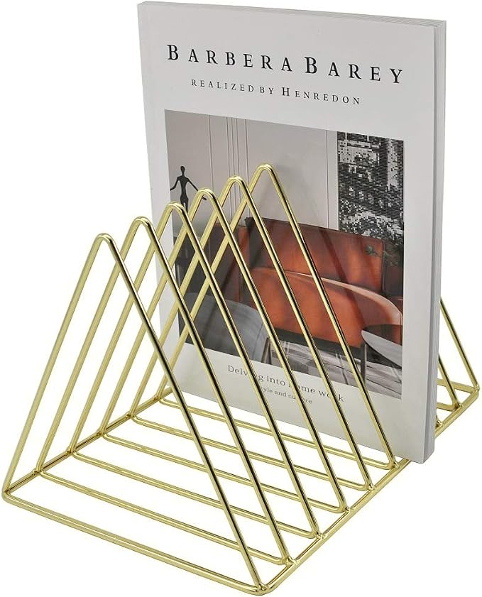 9 Slot Magazine Rack Book Record Holder, Desktop Iron Storage Rack Bookshelf Multifunction Triangle File Organizer Sorter for Decor Home Office, Golden Pack of 2