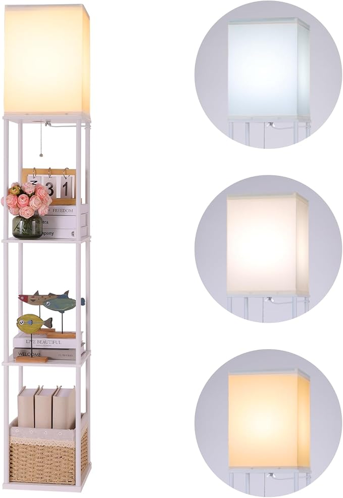 Gupuzm Floor Lamp with Shelves, Modern Square Standing Lamp with 3 Color Temperature Bulb, Corner Display Bookshelf Lamp for Living Room, Bedroom and Office（White）