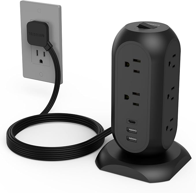 TESSAN Tower Power Strip Flat Plug with 1050J Surge Protection, 6 Ft, Black | 11 Outlets 3 USB (1 USB C), Surge Protector Power Tower, Extension Cord with Multiple Outlets, Dorm, Office Desk Supplies