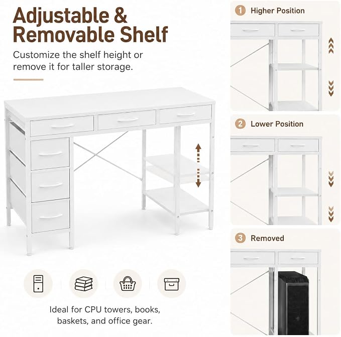 Simple Deluxe Computer Desk with 6 Drawers, 47 Inch Office Workstation with Storage Shelves, Reversible Corner Gaming Table, Home Office Study Desk with Fabric Organizer, White