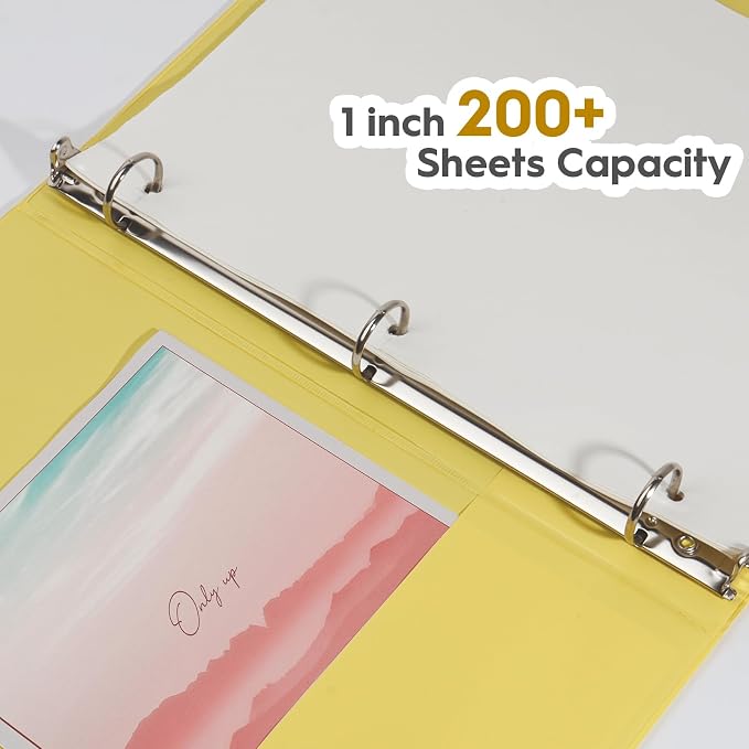 COMIX Sturdy Standard 1 Inch 3 Ring Binder with Clear View Cover | 1"Round Ring,PVC-Free Board,Holds 200 Letter Sheets,Morandi Multicolor for Students & Office,6 Pack (Lemon Yellow)