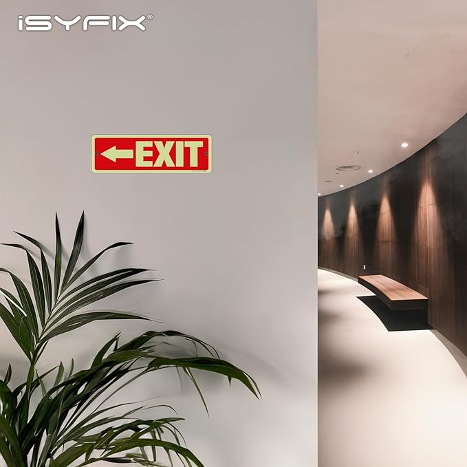iSYFIX Exit Signs with Directional Left Arrow, Glow in the Dark, Photoluminescent Aluminum 12x4 Inch - 6 Pack, Laminated for UV & Weather Resistance, Ideal for Offices, Schools, Theaters & More