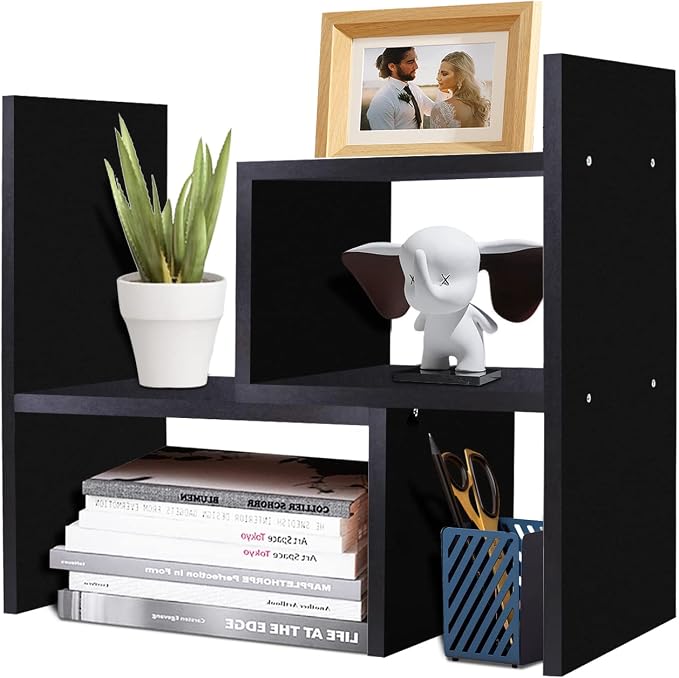 TY ARTS & CULTURE Expandable Black Wood Desktop Organizer-Desk Bookshelf | adjustable wood shelf, countertop desktop storage, home office stationery rack,Multipurpose bookcase,tabletop display