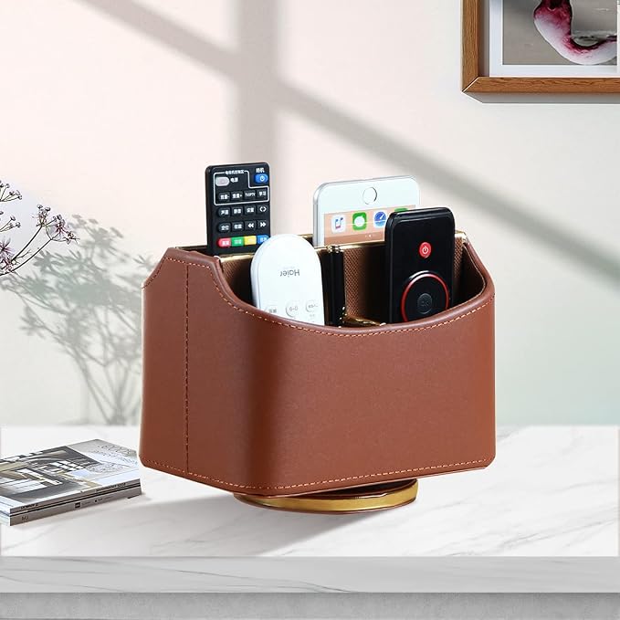 360° Swivel Remote Control Holder,TV Remote Caddy for Nightstand Table,Gold | Aesthtic Spinning Bedside Table Storage Box Organizer for Controller,Pen,Office Desk Accessories,Decorations for Living Room