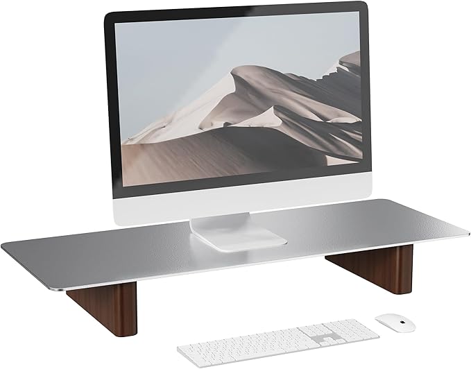 Aluminum Monitor Stand Riser, Ergonomic Desktop Shelf with Wooden Legs - 23.6” Wide Heavy Duty Computer Stand for Home Office, Universal Desktop Monitor Riser for PC, iMac, MacBook, Laptop