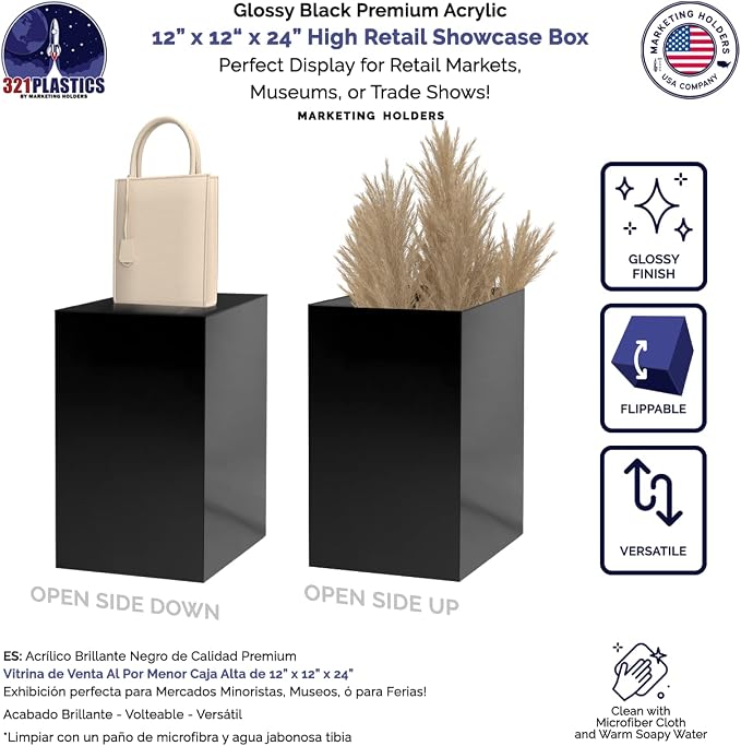 Marketing Holders Black Acrylic POP Display Box with One Open Side Versatile Vertical Column Plinth 12" x 12" x 24" Merchandise Retail Product Riser Plinth No Assembly
