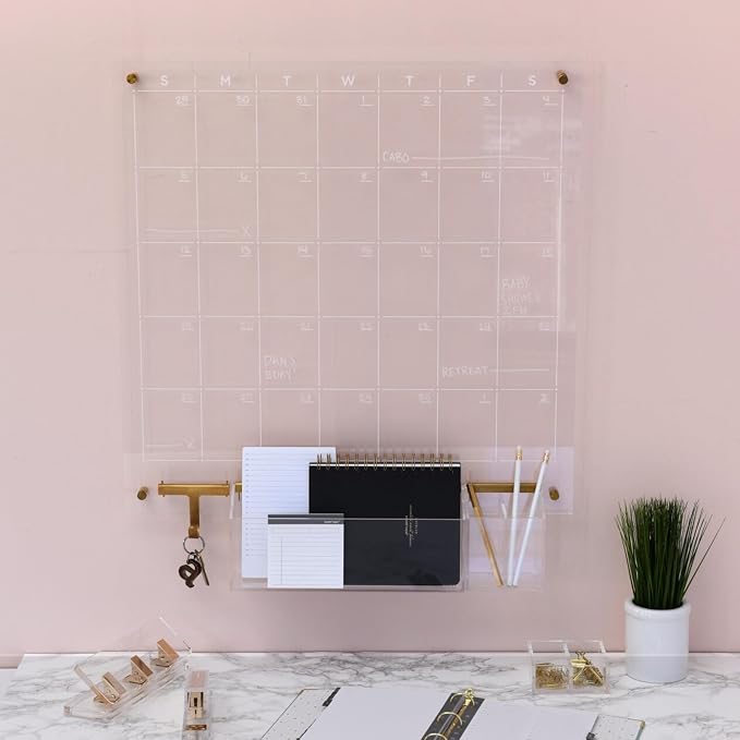 russell+hazel Acrylic Monthly Wall Calendar, Clear and Gold-Tone, Includes Wet Erase Markers and Mounting Hardware, 24” x 24” x .25”, Model Number: 44624