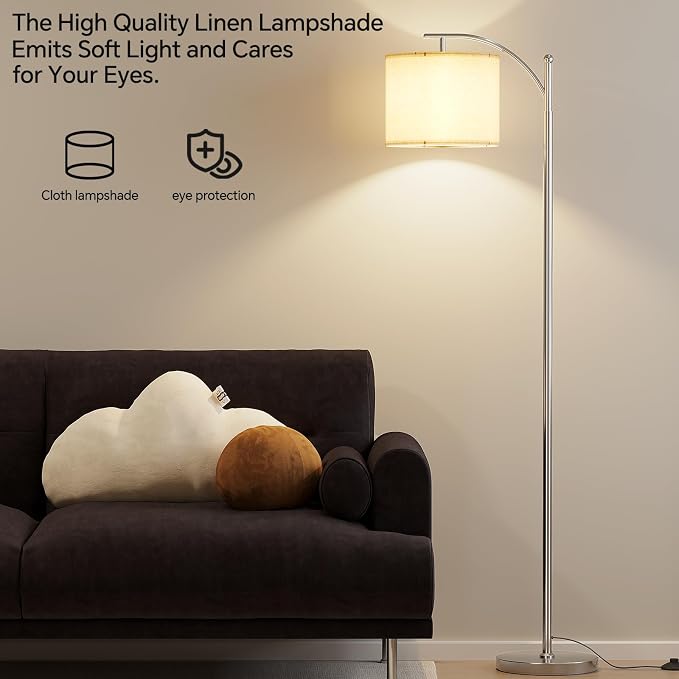 SUNMORY Arc Floor Lamp, Modern Floor Lamp with 9W 3 Color Temperatures Bulb | Metal Standing Lamps with Adjustable Hanging Lampshade,Tall Floor Lamps for Living Room,Bedroom, Office, Nickel