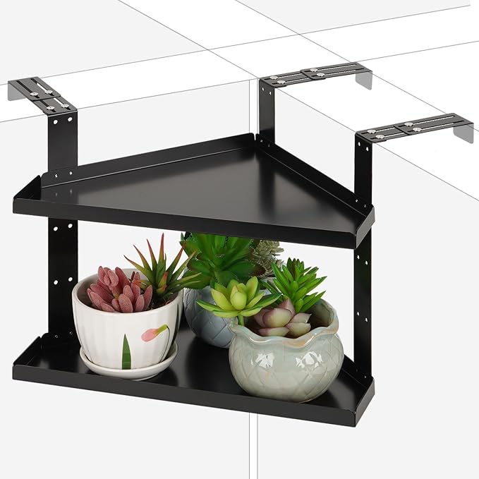 Office Cubicle Shelf, Double Layer Cubicle Storage with Adjustable Hooks | Shelf Organizer Accessories, Height Adjustable 11in Large Hanging Corner Shelf for Plant, Book, Photo Frames, Tissue, Black