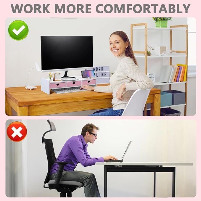Pink Monitor Riser, Space-Saving Elevated Stand with Smooth Edges for Keyboard Storage, Ergonomic Desktop Organizer for Home & Office, 19.29x7.48x3.93In