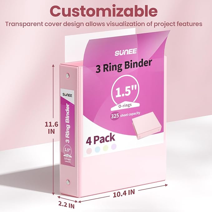 SUNEE 1.5 Inch Binders 3 Ring 8 Pack, Clear View 1 1/2 Inch Binders Three Ring PVC-Free (Fit 8.5x11 Inches) for School or Office Supplies, Assorted Pastel