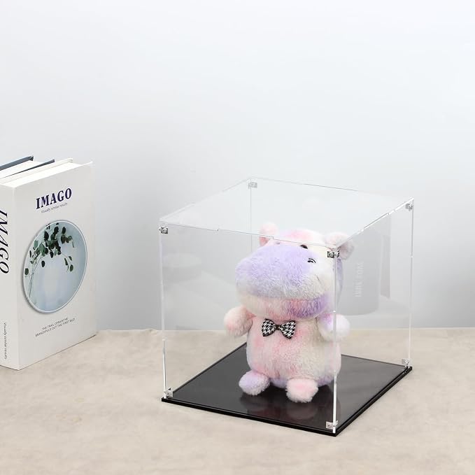 9x9x9Inch Clear Self-Assembly Acrylic Boxes for Display | Transparent Display Case with Black Base and Lid, Cube Countertop Storage Boxes Glass Case for Collectibles Models Figurine