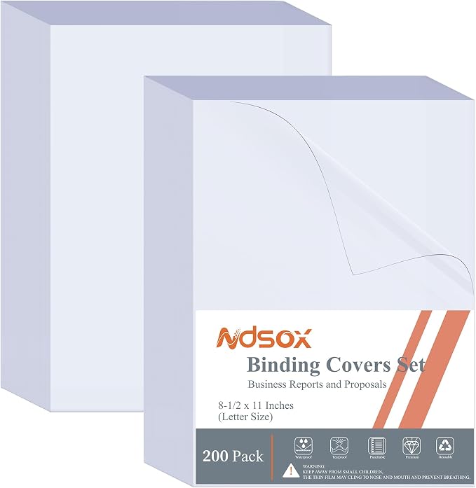 Ndsox 200 Pack Clear Binding Presentation Covers 8 Mil Polycover Sheets | 8.5 x 11 Inches, Letter Size, Square Corners, Un-Punched, Business Office Supplies, Clear Report Covers for Comb Binding