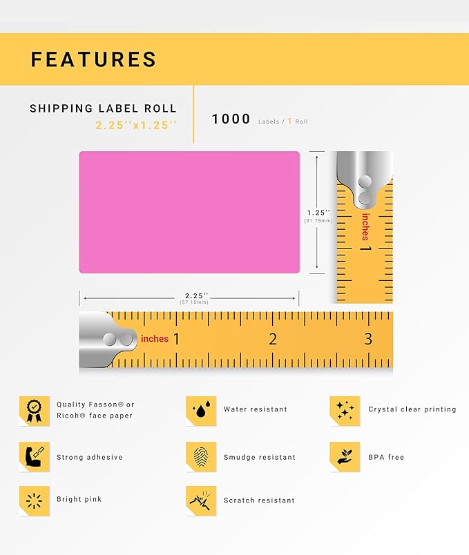 HOUSELABELS 2.25" x 1.25" Pink Address Labels on 1" Core Compatible with Zebra and Rollo Printers, 28 Rolls / 1,000 Labels per Roll