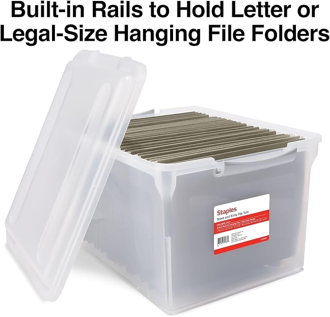 Staples Store & Slide Hanging File Box, Latch Lid, Letter/Legal, Clear | Stackable storage box keeps hanging files secure and easy to transport.