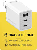 Scosche PowerVolt 70W Fast Charging Compact 3-Port Wall Charger Block, Dual USB-C & USB-A GaN Power Delivery Adapter with Foldable Plug for iPhone 16/15 Pro, iPad, MacBook Air, Galaxy S25/S24 & More